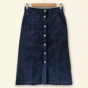 M&S by PER UNA Corduroy Button Front Midi A-Line Skirt Navy Blue EUC